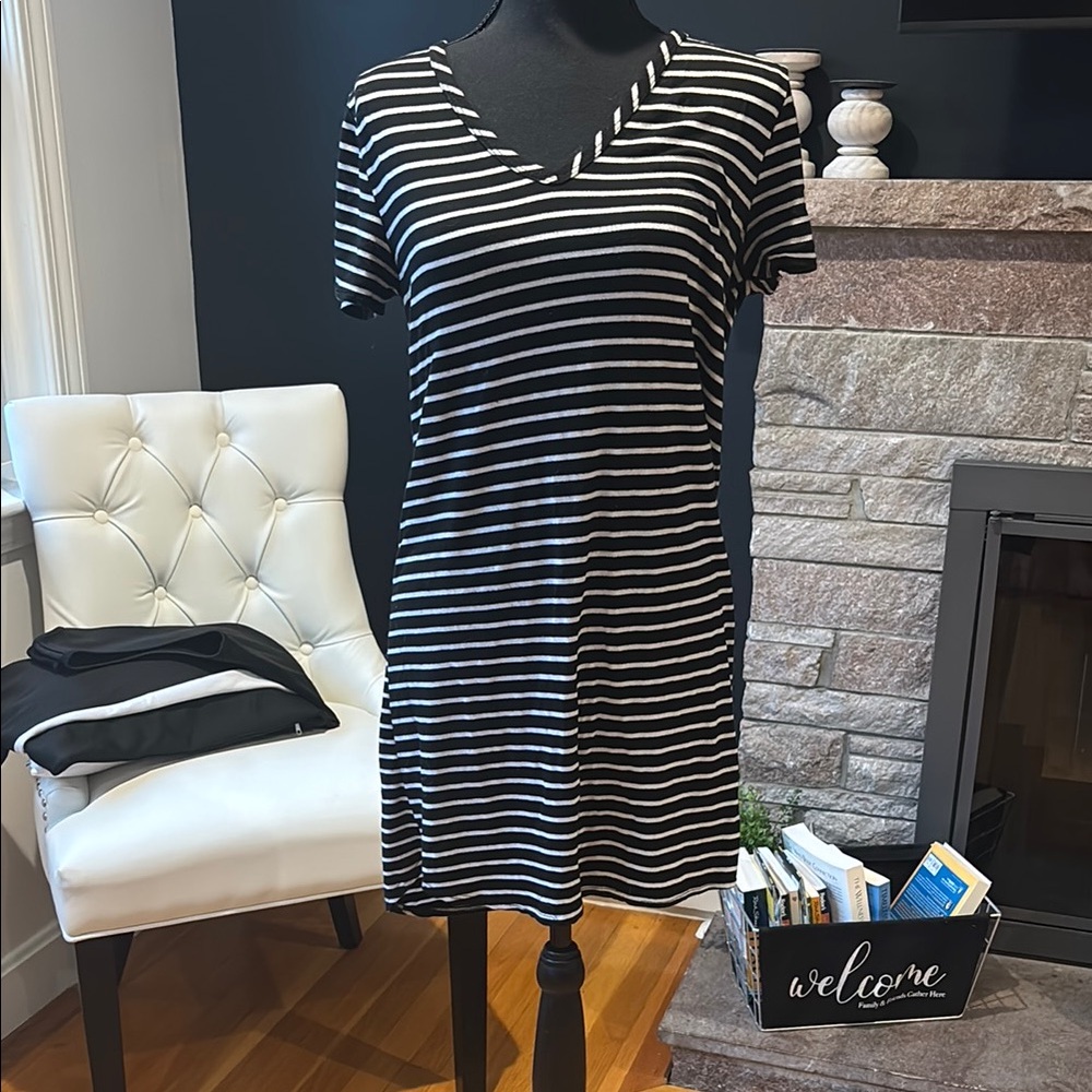 Black and White Striped V-Neck Dress